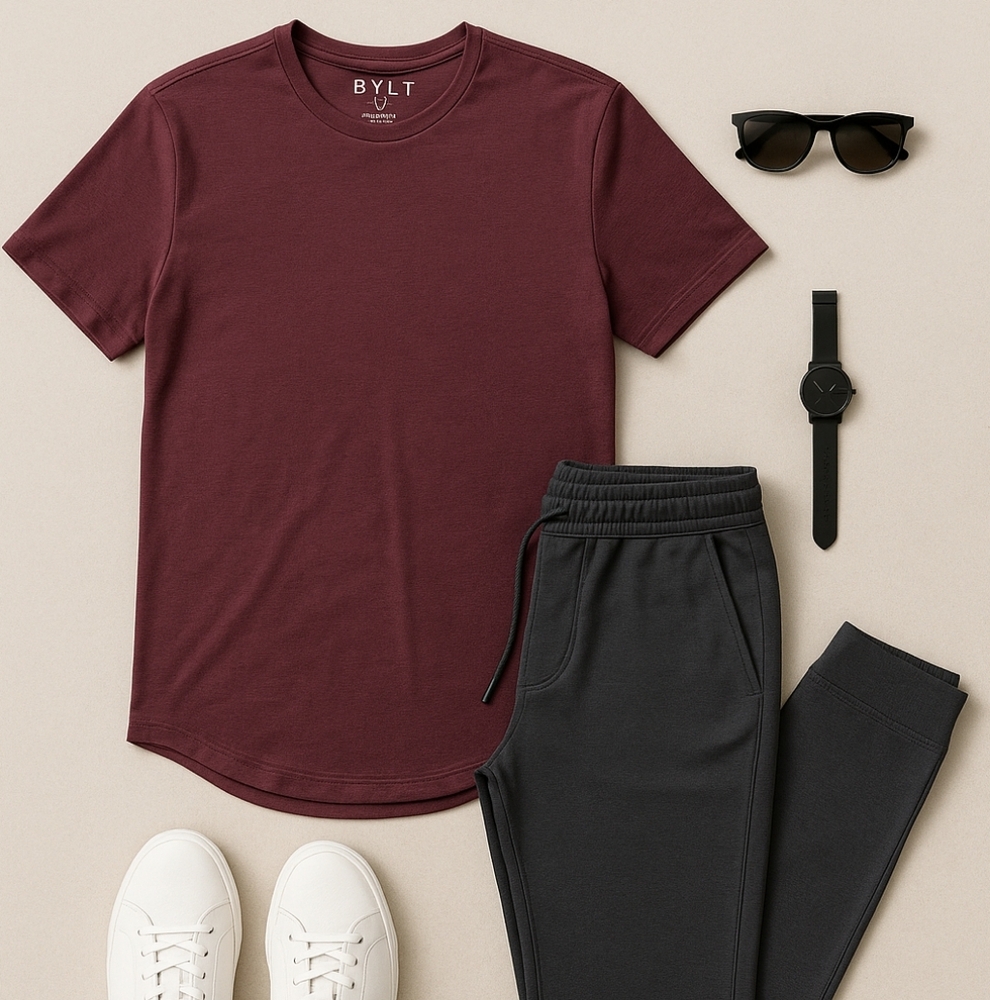 BYLT Basics Drop-Cut LUX Tee Maroon XL – Premium 4-Way Stretch Athletic Fit
